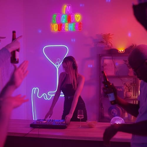 I'm So Glad You're Here Neon Sign, Letter Neon Signs for Wall Decor Dimmable Light up Sign, Classroom Wedding Kids Room Store Home Neon Decor 14.17 x 12.2 inch view 5