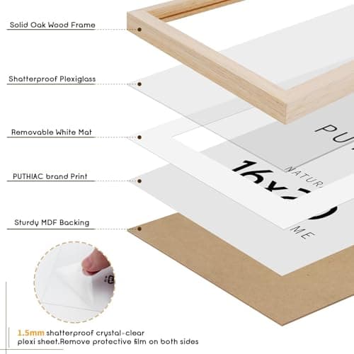 puthiac 16x20 Solid Oak Wood Picture Frame, Fits 12x16 with Mat or 16x20 Without Mat, Wall Display Only, Vertical or Horizontal, Plexi Front, 3 Pack, Natural Oak view 3