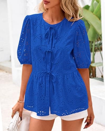 KIRUNDO Peplum Tops for Women 2026 Summer Eyelet Tie Front Blouses Casual Short Lantern Sleeve Cute Y2K Lace Babydoll Shirts view 4