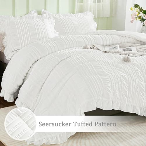 WONGS BEDDING White Queen Comforter Set,Boho Ruffle Comforter for Queen Bed,Soft Seersucker Shabby Chic Bedding Set with 1 Comforter,2 Tufted Pillowcases 90"×90" view 5