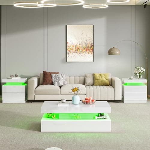 AMERLIFE High Gloss End Table Set of 2 with Charging Station, Modern Bedside Table Night Stand with Lights, LED Nightstand with Drawers for Bedroom Living Room, White view 3