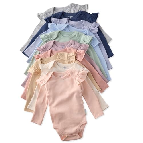 Butterblu Ashley 10-Pack Long Sleeve Ruffle Shoulder Bodysuits 100% Organic for Baby Girls, Sorbet Frost Rainbow, 0-3 Months