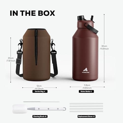 POWCAN 64 oz Insulated Water Bottle with Carrier Bag, Leakproof, Straw and Spout Lid, Keep Cold 48H, Cleaning Brush, BPA-Free, Stainless Steel Water Bottle for Travel, Sports and Picnic (Cocoa) view 3