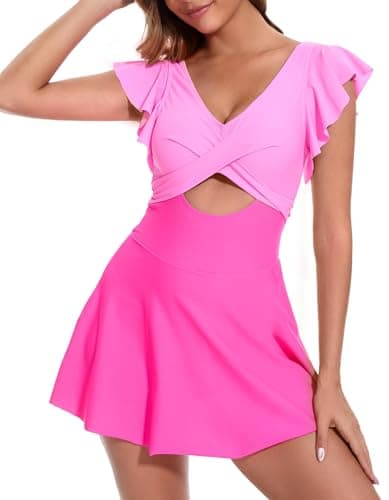 MFAVIP Women One Piece Swim Dress Tummy Control Swimsuits V Neck Ruffle Bathing Suit Cutout Sexy Wrap Side Tie with Skirt view 2