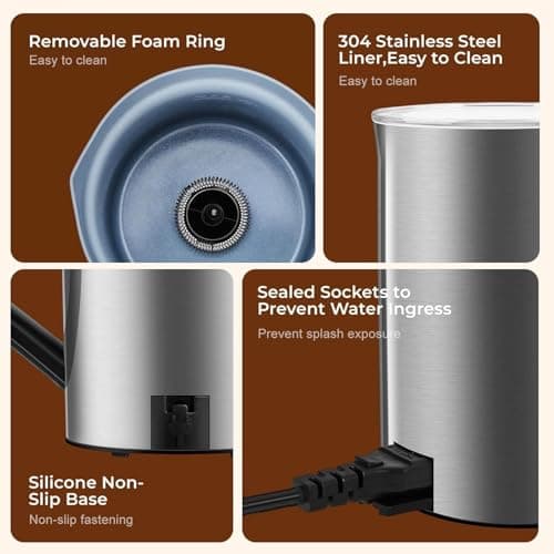 MAISON HUIS Milk Frother, 6-IN-1 Electric Milk Steamer, 20oz/591ml Hot & Cold Foam Maker for Latte & Cappuccino, 550W Fast Heating Stainless Steel Milk Steamer, Hot Chocolate Maker view 7