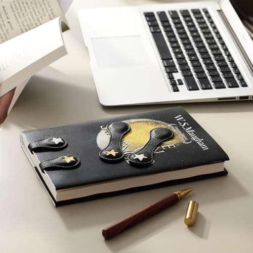 2Pcs Magnetic Leather Bookmarks with Gift Box, Magnetic Pen Holder Book Marks Clip Gift for Book Lover Readers Men Women Teachers Students, Star (Black+Black) view 2