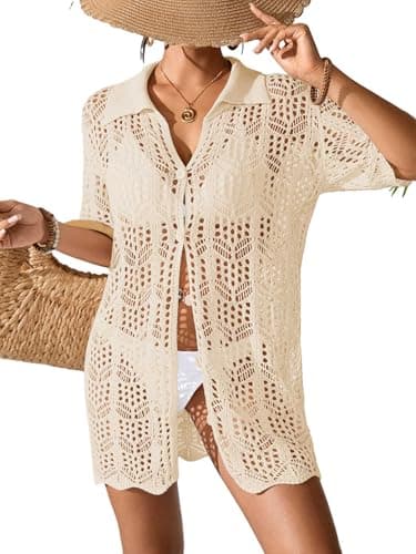 BreathSunny Womens Crochet Knit Polo Collar Swimsuit Coverup Cardigan Summer 2026 Beach Bathing Suit Cover Up Shirt Dress — image 1