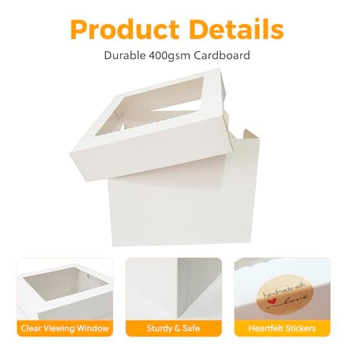 5 Pack Cake Boxes,10x10x8 Inch Tall Cake Box with Cake Boards 10",Disposable Cake Containers with Lids,White Bakery Boxes with Large Window,for Layer Cakes,Pies,Donuts,Cookies,Wedding,Birthday,Party view 3