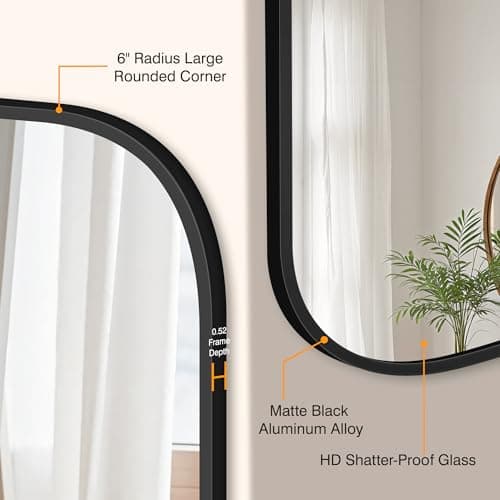 24" x 36" Bathroom Vanity Mirror for Wall, Black | Metal Framed, HD Tempered Glass, Rounded Rectangle Shape, for Over Sink, Bedroom, Entryway, Living Room, Vertical/Horizontal view 3