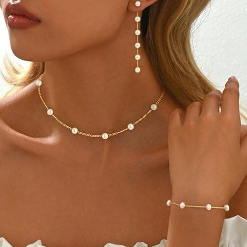 Fezodo Mothers Day Gifts - Pearl Necklace, 18K Gold/Silver Plated Layered Pearl Necklaces Dainty Pearls Choker Necklace and Earring Set Mothers Day Birthday Gifts for Mom Wife Daughter Sister Friends view 2