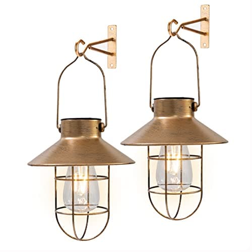 pearlstar Solar Lanterns Outdoor Metal Solar Powered Hanging Lights Waterproof for Barn Wall Yard Garden Patio Garage Balcony Porch Fence Decor, Warm White Edison Bulb (Copper-2pack) view 2