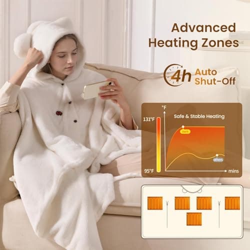 Bearbug Cordless Heated Blanket 50“ x 70", Portable Wearable Heated Blanket Shawl Hoodie Battery Operated, Car Charger, Dc Adapter, 3 Heating Level, Machine Washable, Beige view 6