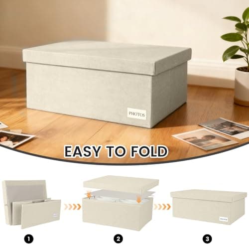 Himake Decorative Photo Storage Box - Linen Photo Box Organizers with Dividers, Fits Holds Up to 800 Photos in 8x10 inch Size, Portable Scrapbook Storage Containers with Lid (Beige) view 6