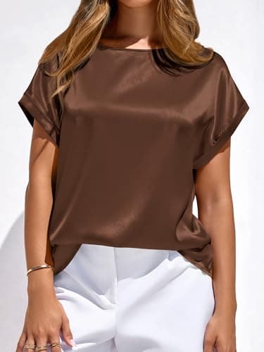 BTFBM Summer Tops for Women 2026 Dressy Satin Blouses Loose Crew Neck Short Sleeve Shirts Work Business Casual Outfits view 2