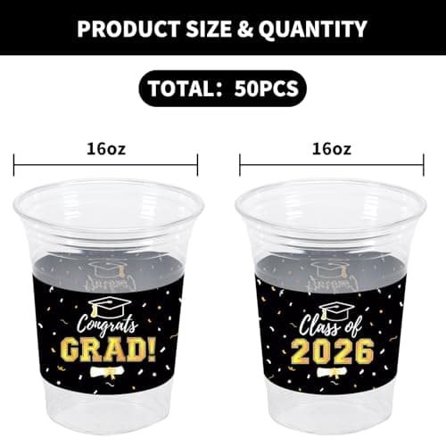 50Pcs 16oz Graduation Cups 2026 Black Disposable Plastic Cups Graduation Party Supplies Class of 2026 Decorations Graduation Party Decorations Festivities Grad Tableware Congrats Grad Party Supplies view 4