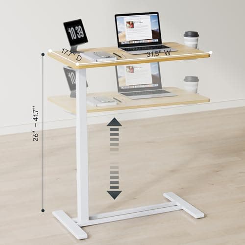 FLEXISPOT H7 32" Pneumatic Height-Adjustable Overbed Table with Wheels | C-shaped bedside table,Medical End Table,Rolling Cart TV Tray,Laptop desk for Hospital Home office use,31.5"Wx17.7"D,Maple view 6