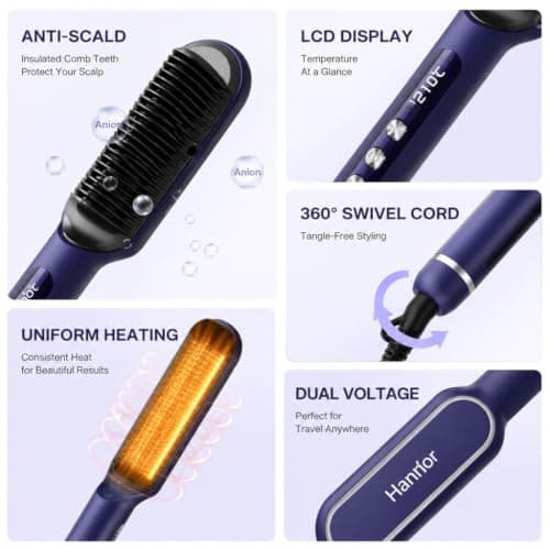 Handor Ionic Hair Straightener Brush, Anti-Scald Hot Brush with 9 Heat Settings 250-410F LED Display, Dual Voltage Hair Straightening Brush for Curly Thick Hair, Travel Kit view 4