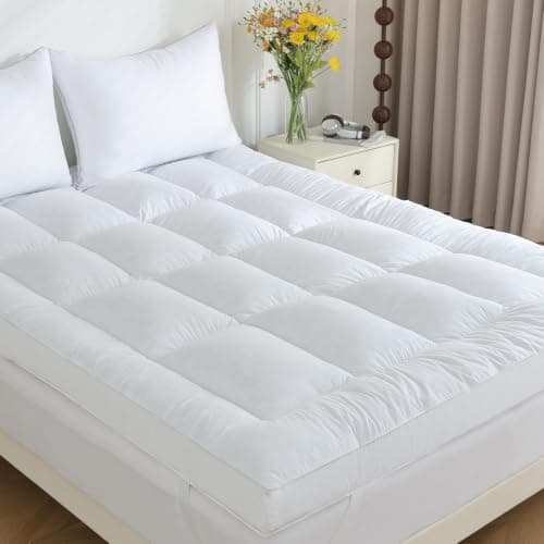 WhatsBedding 3 in Goose Feather Bed Mattress Topper,100% Cotton Fabric | 2000gsm Filled for ultimate softness, Breathable & noiseless, Anti-slip,Handmade Box-stitch, Multiple Application — image 1