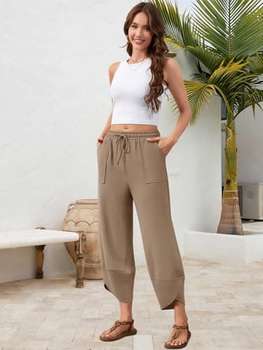 Jiflora Women's Harem Cotton Linen Pants Wide Leg Capri Beach Pants Palazzo Cropped Drawstring Trousers with Pockets view 5