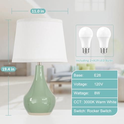 Seealle Modern Green Table Lamps Set of 2 - Bedside Lamps for Night Stands, 19.4" Bedroom Lamps for Living Room Sage Green Lamps with Rocker Switch view 6