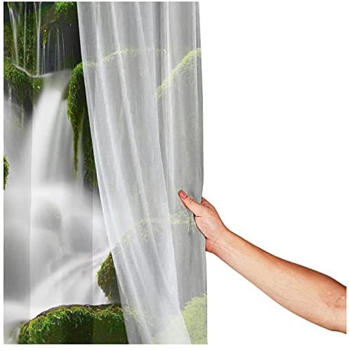 VOUGGIME 3D Spring Nature Waterfall Shower Curtain Tropical Jungle Shower Curtain Green Plant White Gauze Landscape Waterproof Fabric Shower Curtains Set for Bathroom Accessory Decor with Hooks 60x72 view 3