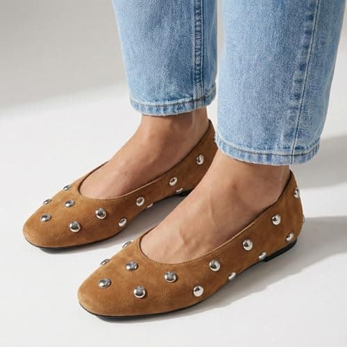 RBTHOLP Studded Flats for Women Suqare Toe Slip on Suede Ballet Flats Comfortable Walking Studs Ballet Shoes view 4
