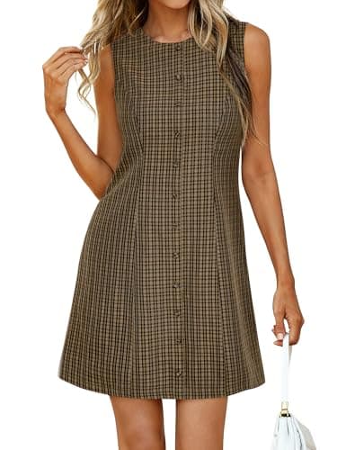 BTFBM Summer Dresses for Women 2026 Plaid Sleeveless Zip Up A Line Mini Dress Business Casual Vacation Gingham Sundress view 1