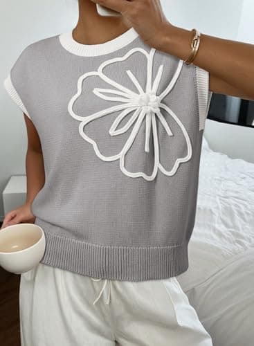 Dokotoo Women's Floral Sweater Crew Neck 2026 Short Sleeve Loose Fit Knit Pullover Tops view 2