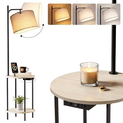 ONEWISH Floor Lamp with Round Table, Side Table for Living Room, Coffee Table with Charging Station (USB/Type-C/AC Port), 3 Color Temperatures, LED Bulb Included, Modern Night Stand for Bedroom, White view 1