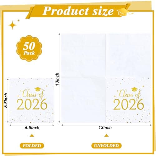 NatNarr Graduation Napkins Class of 2026, 6.5 Inch White and Gold Cocktail Napkins with Gold Foil Dots for College High School Grad Celebration view 2
