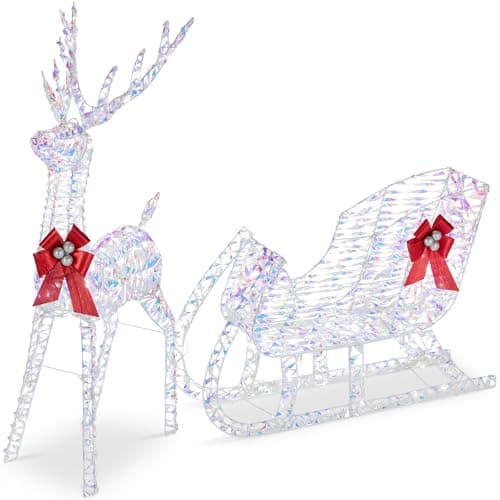 Best Choice Products Lighted Christmas 4ft Reindeer & Sleigh Holiday Outdoor Yard Decoration Set w/ 205 LED Lights, Stakes, Zip Ties - Iridescent view 1