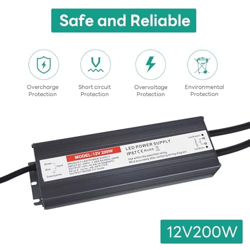 Hanbaak LED Driver 200 Watts, IP67 Waterproof Power Supply, Low Voltage Electronic Transformer, 97V-265V AC to 12V DC, 12V Constant Voltage LED Power Supply for LED Light Strip view 3