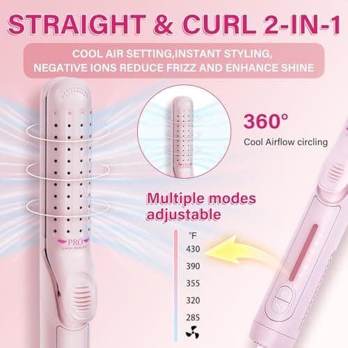 Airflow Styler Curling Iron,360° Cool Air Lock in Style for Lasting Curls, 2 in 1 Hair Straightener and Curler, Anti-Scald for Short Long Hair（Pink） view 3