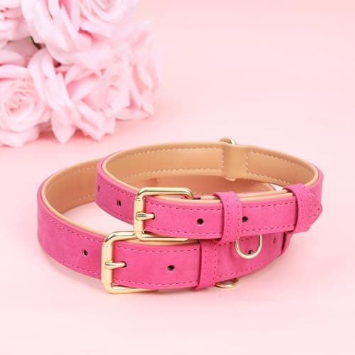 Jumpress Leather Dog Collar for Small Medium Large Dogs, Soft Padded Dog Leather Collar with Heavy Duty Gold Buckle, Durable & Comfortable for Puppy Dogs Daily Walking (Hot Pink, XS) view 4