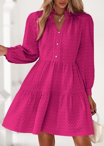 Lazysmile Dresses for Women Long Sleeve V Neck Button Down Ruffled Flowy Fall Casual Babydoll Tunic Dress view 4