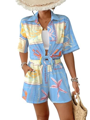 Bsubseach 2 Piece Short Sets for Women Tropical Printed Short Sleeve Button Down Shirt and Shorts Summer Beach Vacation Set — image 1