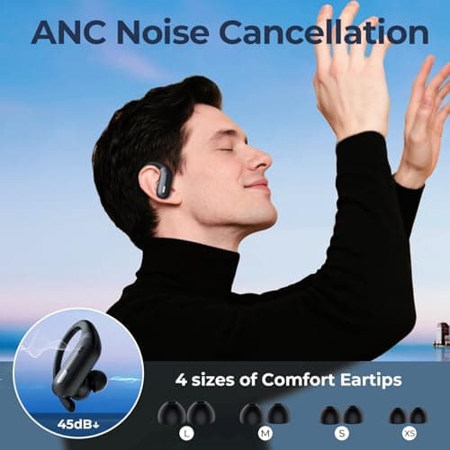 Active Noise Cancelling Wireless Earbuds Bluetooth Headphones 90 Hrs Playtime Ear Buds with Hi-Res Stereo Deep Bass Power Display Earphones with Earhooks Waterproof Transparency Headset Sports/Running view 2