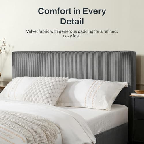 FLEXISPOT Queen Bed Frame with Adjustable Headboard, Velvet Upholstered Bed Frame with Vertical Channel Design, Plush Padding, Bonus LED Wall Light, No Box Spring Needed, Easy Assembly, Dark Grey view 3