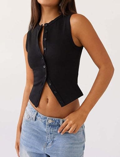 Relety Womens Crop Tank Tops Going Out Button Down Vest Seamless Ribbed Trendy Shirts Cute Sleeveless Summer Spring Y2K Cami view 5