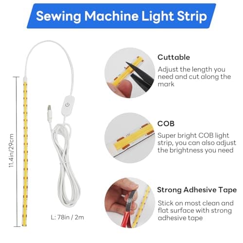 Sewing Machine Light, Dimmable Sewing Light Strip with Touch Dimmer, Adhesive LED Strip Light for Sewing Machine, Daylight White, 78” Power Cord, and Clips Included view 3