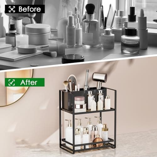 SanDream Hair Tool Organizer Bathroom Countertop, 2-Tier Metal Bathroom Organizer with Blow Dryer Holder, Large Capacity Space-Saving Vanity Shelf for Perfume, Skincare & Makeup Storage (Black) view 4
