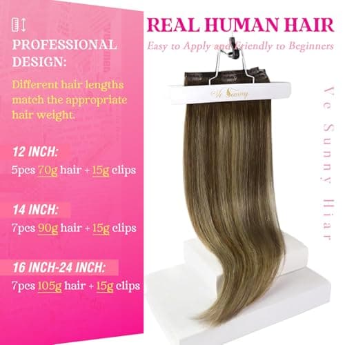 Ve Sunny Clip in Hair Extensions Real Human Hair Balayage Medium Brown Mix Caramel Blonde Ombre Remy Hair Extensions Clip ins for Women Thick Straight 16 inch 120g 7pcs view 2