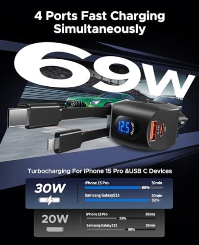 Retractable Car Charger, KOOPAO 69W 4 in 1 Fast Phone Car Charging Adapter, Multi USB C PD and Apple Retractable Cables Cord Compatible with iPhone 16/15/14/13/12/11/Pro Max (USB C + iPhone Cord) view 2