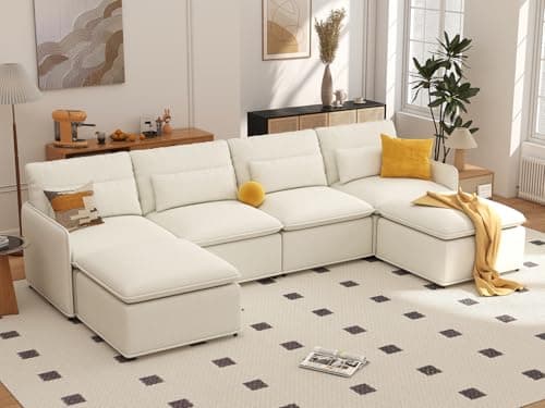 Maakkuu 129" U Shaped Couch, Modular Sectional Sofa with Moveable Ottoman, Large Deep Seat Chenille Sofa for Living Room, Oversized Modern Comfy Couch for Apartment, Office