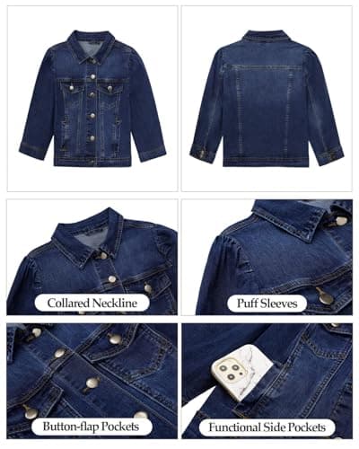 Vetinee Womens Jean Jacket Cropped Denim Jackets Stretchy 3/4 Puff Sleeve Distressed Shacket with Pockets view 6