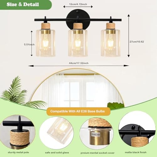 Joylen Bathroom Light Fixtures,3-Light Matte Black Vanity Light with Clear Glass Shade,Farmhouse Bathroom Lighting Fixtures Over Mirror,Wall Sconces for Bedroom Kitchen Cabinet Living Room Hallway view 5
