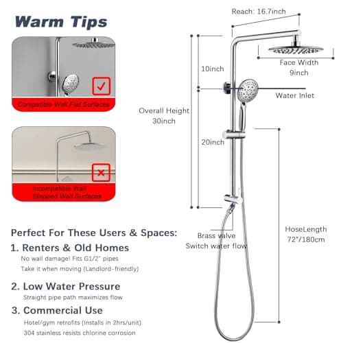 9 Inch Rain Shower Head System with Handheld Spray, Handheld Shower Heads with Multi Spray Modes, Brass Diverter Valve, 360° Swivel Adjustable Rainfall Shower, Chrome Shower Faucet Set for Bathroom view 2
