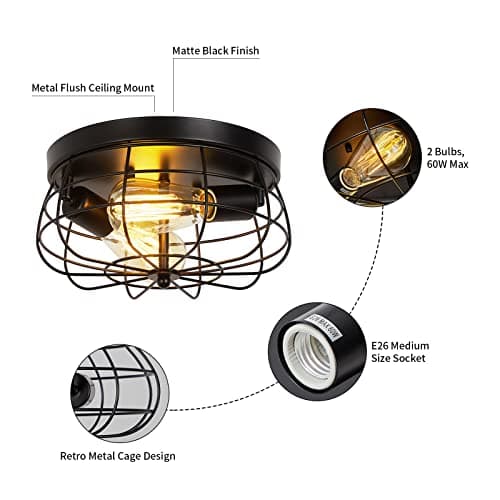 foucasal Industrial Black Flush Mount Ceiling Light 2-Light Farmhouse Fixtures Metal Cage Ceiling Lighting for Hallway, Kitchen, Foyer Bedroom Living Room Laundry view 5