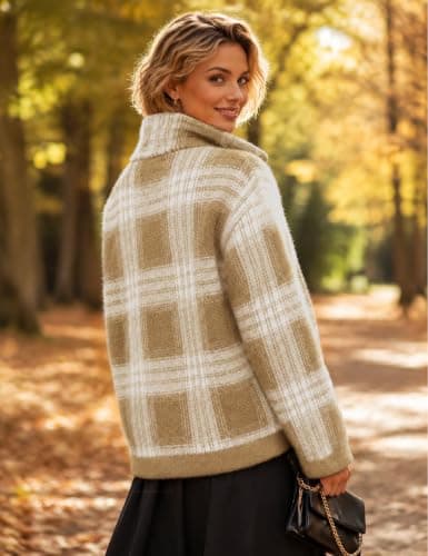 CiCiBird Womens Plaid Sweater Jacket Chunky Knit Cardigan | Funnel Neck, Front Pockets, Button Front Closure, Fuzzy Texture, Plaid Pattern, Fall Winter Layering, Casual Outfits view 5