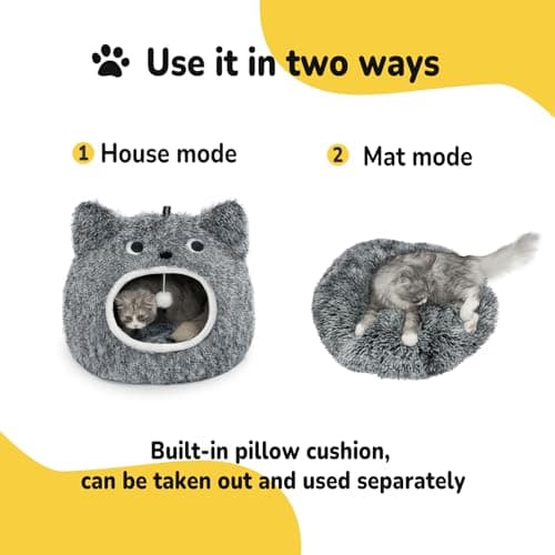 CATISM Cat Bed, Cat Beds for Indoor Cats - Kitten Bed Cave Washable, Soft Plush Hooded, Removable Pillow, Non-Slip Base, Large Cave for Kitty view 3